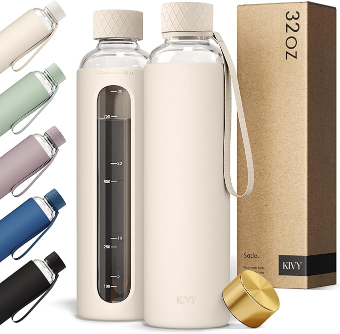 KIVY Glass Water Bottle with Silicone Sleeve 32 oz [WITH MEASUREMENT] - Borosilicate Glass Water Bottle Screw Top - Clear Bottles with Measurement Marking - Slim Waterbottle Aesthetic - Cream White