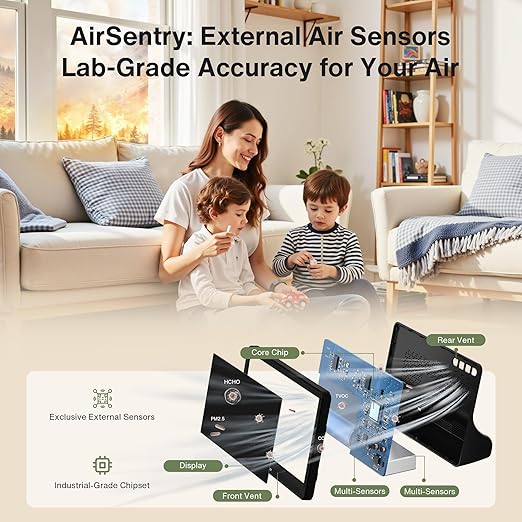 bonoch 16 in 1 Air Quality Monitor Indoor 7" Display 9 AQI+7 AQI Alerts Air Quality Tester for CO2, TVOC, PM2.5 PM1.0 PM10, HCHO, Temperature Humidity AQI & Time, Air Quality Meter for Home-Black