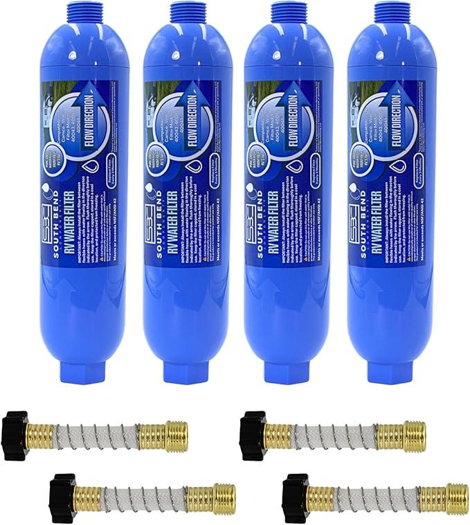 South Bend Components Reverse Osmosis (RO) Camper/RV/Boat/Yacht Water Inline Filter- NSF Certified! Includes ¾” Flexible Hose Protector, Compatible with Camco Water Filter, 40043, 40013, 4004 (4-Pack)