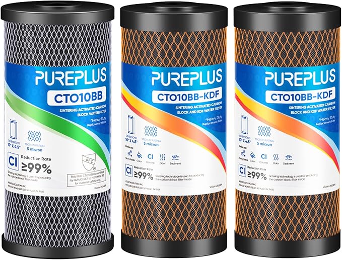 PUREPLUS 5 Micron 10"x4.5" Whole House Water Filter Replacement Bundle 3 Pack – 1× CTO Chlorine Taste Odor Reduction + 2× KDF Heavy Metal Filter – Fits Standard Housings GXWH40L, WFHDC8001, FXHTC