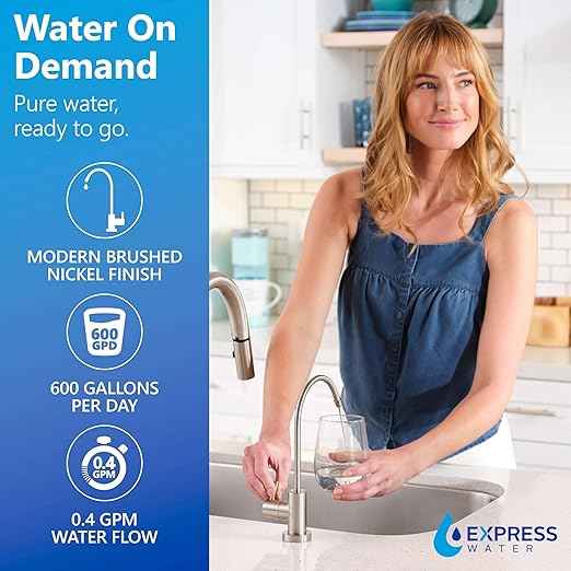Express Water 600 GPD Tankless Reverse Osmosis System - 2:1 Pure to Drain Reverse Osmosis Water Filter System, Easy Install, Quick Twist Filters RO Water System - RO System Under Sink, Brushed Nickel