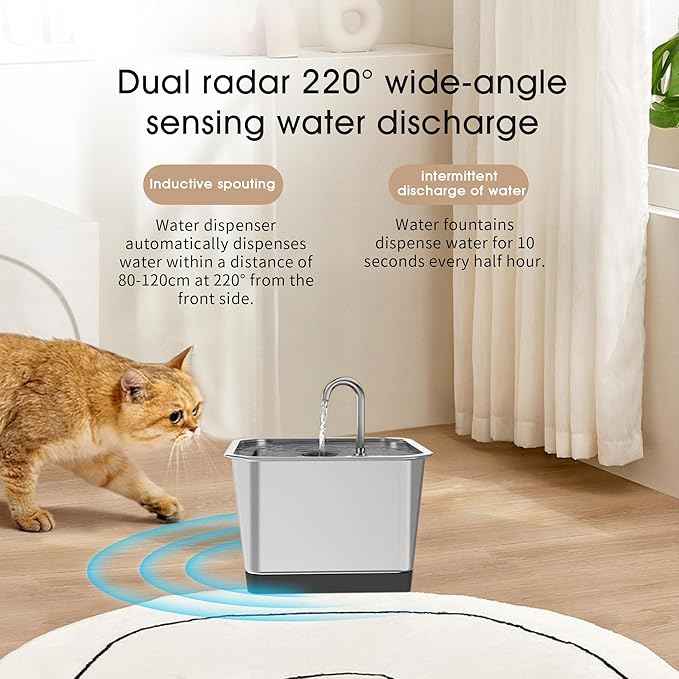 Battery Operated Cat Water Fountain, 3.5L/118oz Stainless Steel Dog Water Fountain with Motion Sensor, Automatic Wireless Water Dispenser Indoor for Pets with Water Level Window, Multi-Filtration