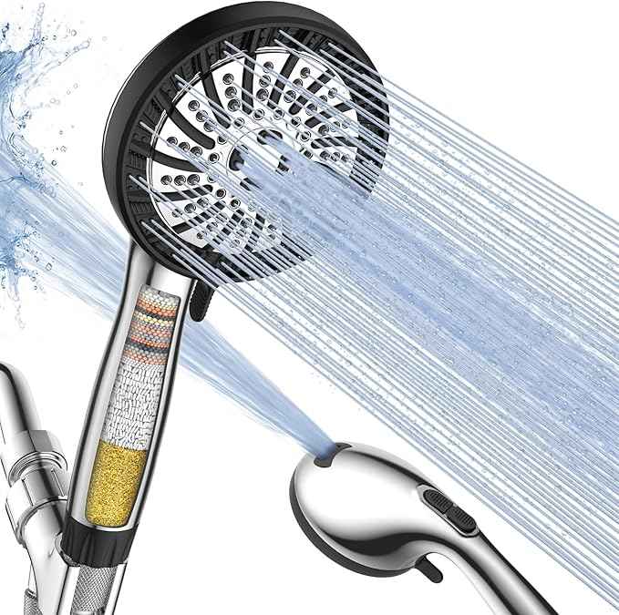 NSF Certified Shower Head with Filters, High Pressure Filtered Shower Head with Handheld 8 Mode, Water Softener Anti-clog Nozzles, Built-in Power Wash, Stainless Steel Hose,Overhead Brackets