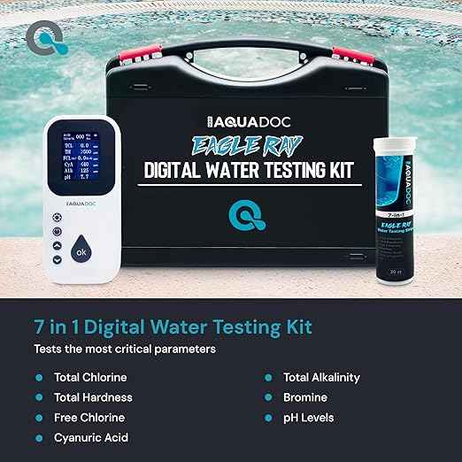 Eagle Ray Digital Spa Water Test Kit by AquaDoc with Digital Water Tester and 30 hot tub Test Strips for Chlorine, Bromine, Total Hardness, Cyanuric Acid, Alkalinity, and pH