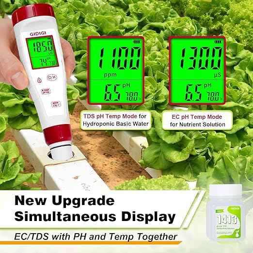 pH Meter for Hydroponic Water,Digital EC ppm Tester for Nutrients,pH TDS Reader 4 in 1 with 1413 μs/cm Calibration Solution,High-Sensitivity Backlit Display for Drinking Water,DWC,Indoor Plants