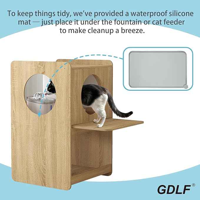 GDLF Cat Feeding Station for Water Fountain & Food, Elevated Cat Feeding Table with Spill-Proof Mat, Window Perch and Storage