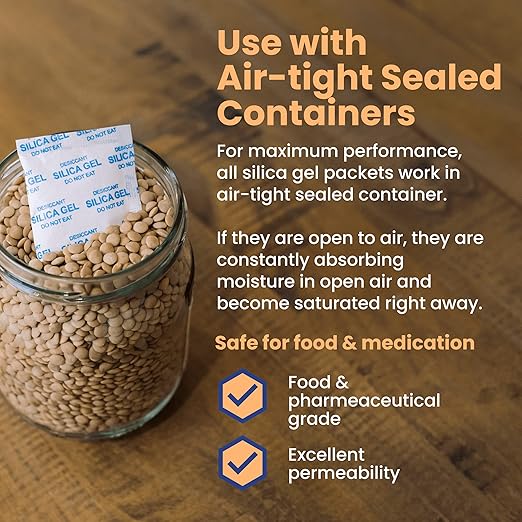 Wallaby 5 gram (500 Packets) Food Safe Pure White Silica Gel Desiccant Dehumidifier Packs - Rechargeable & Coated Moisture Absorbers - Protects Against Moisture Damage - (Packed in 100x Sets of 5)