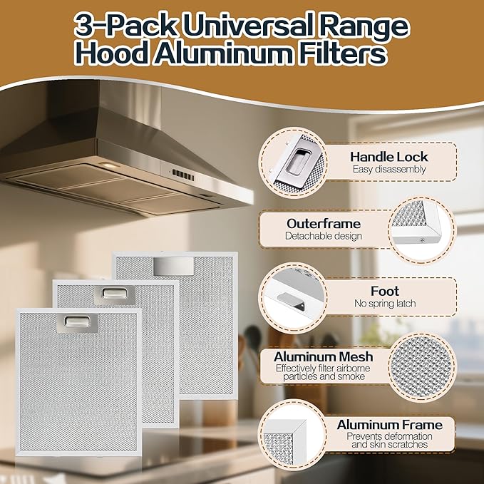 3-Pack Universal 12-5/9" x 10-1/5" Range Hood Aluminum Filter Mesh Screen Replacement for Most Kitchen Ventilation Systems - AquaVibe