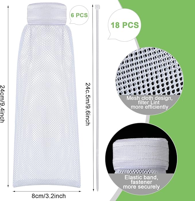 Shappy 24 Pieces Washing Machine Lint Traps and Cable Ties Set 6 Nylon Mesh Lint Trap for Discharge Hoses and 18 Cable Ties Fits Most Washing Machines(White) - AquaVibe