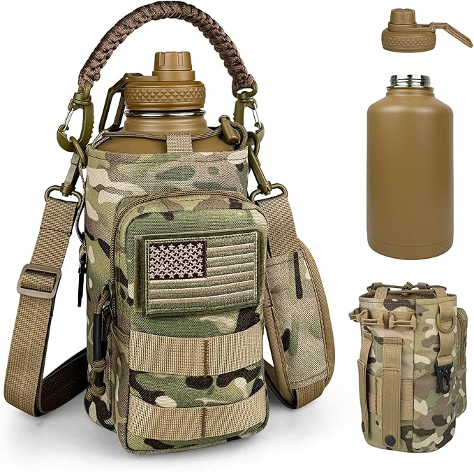 Half Gallon Water Bottle Insulated with Sleeve - Tactical 64 oz Stainless Steel Water Jug with MOLLE Water Bottle Pouch, Gym Water Bottles for Men Hiking Workout (CP Camo)