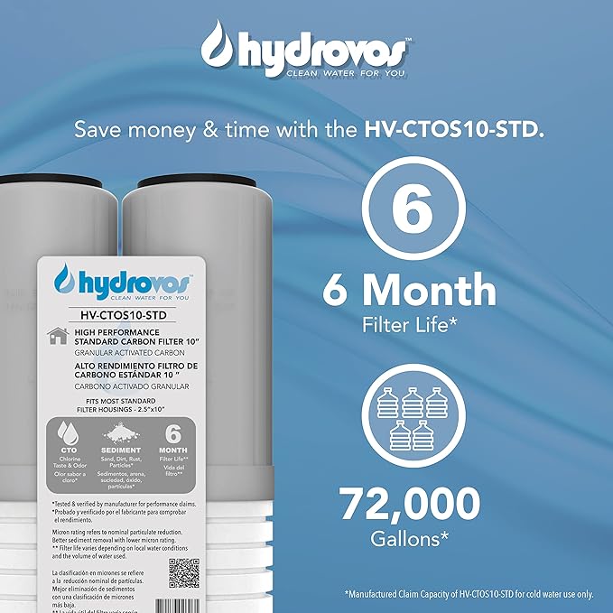 HYDROVOS 10" x 2.5" Whole House Water Filter, CTO Carbon Water Filter Replacement, High Efficiency 2-in-1 GAC & PP Removes Sediment, Chlorine, Pack of 4