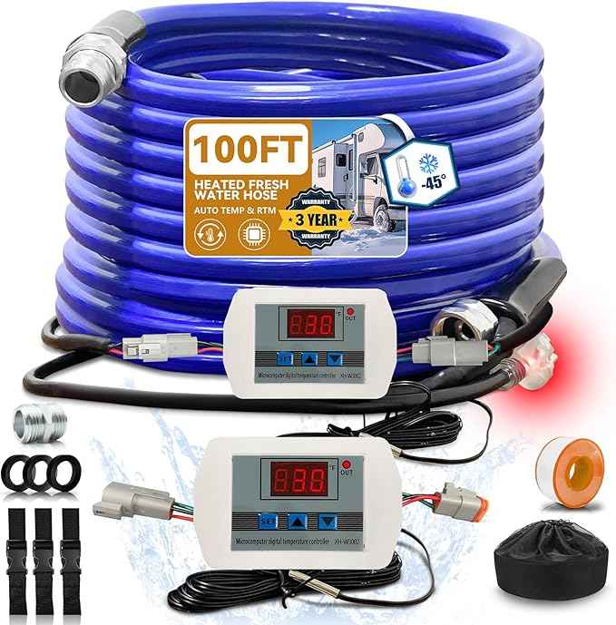 Cupohus Heated Water Hose for RV 100FT - Removable Adjustable Thermostat w/Real-Time Monitor Controller, -45℉ Freeze Protection for Winter Camping Travel, RV Owners & Outdoor Enthusiasts, 110-120V