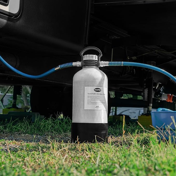 Camco TastePURE XXL Camper/RV Water Filter - Prevents Bacteria Growth & Reduces Bad Taste, Odor & More - Features Long-Term Water Filtration w/GAC & KDF - Includes 4' RV Drinking Water Hose (40015)