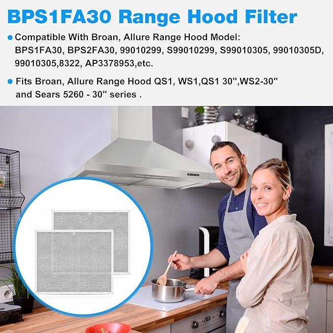 BPS1FA30 Range Hood Filter Replacement Allure Broan Nutone Grease Filter 99010299 QS1, WS1, QS1 30", WS2-30" and 5260-30" series - 11-3/4" X 14-1/4" X 3/8" - 2 Pack - AquaVibe
