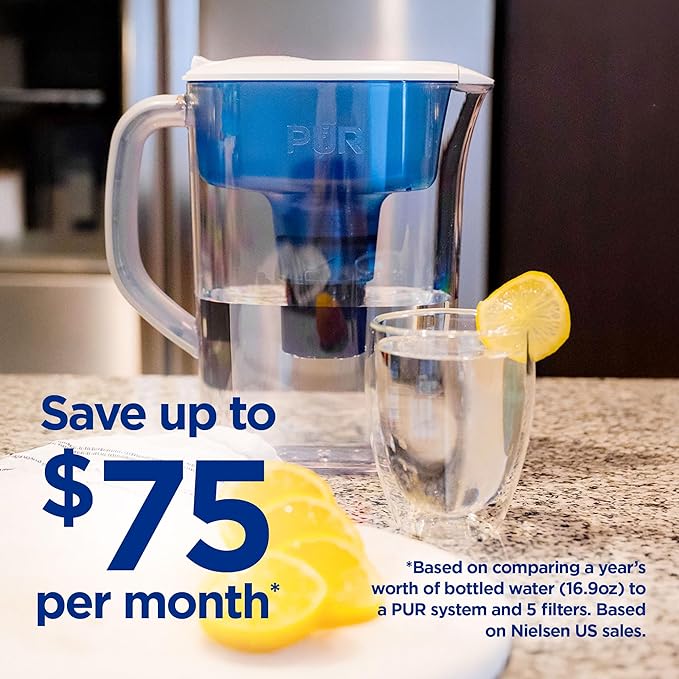 PUR 7-Cup Water Pitcher, 1 Genuine Filter, Cleaner, Great-tasting Water, Dishwasher Safe, Powerful, Faster Filtration, LockFit Cap Design - White
