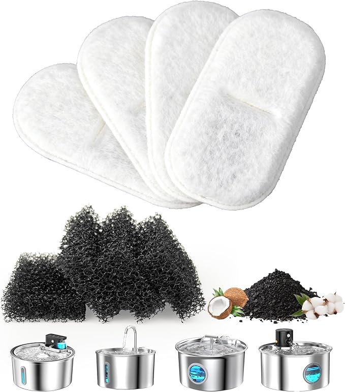 Cat Water Fountain Filter Replacement: 4 Carbon Filters & 4 Foam Sponges Kitty Spout Pump Filters for 108Oz/3.2L & 67Oz/2L Stainless Steel Pet Water Dispenser Cat/Dog