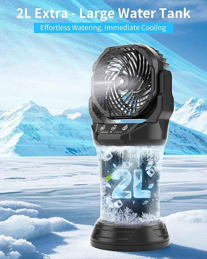 AVV Portable Misting Fan with RGB Ambient Light- 2L Water Tank, 4 Speeds & Spray Mist Fan, 30000mAh Rechargeable Misting Fans for Outdoor/Indoor Fans for Camping, Patio, Garden, Black