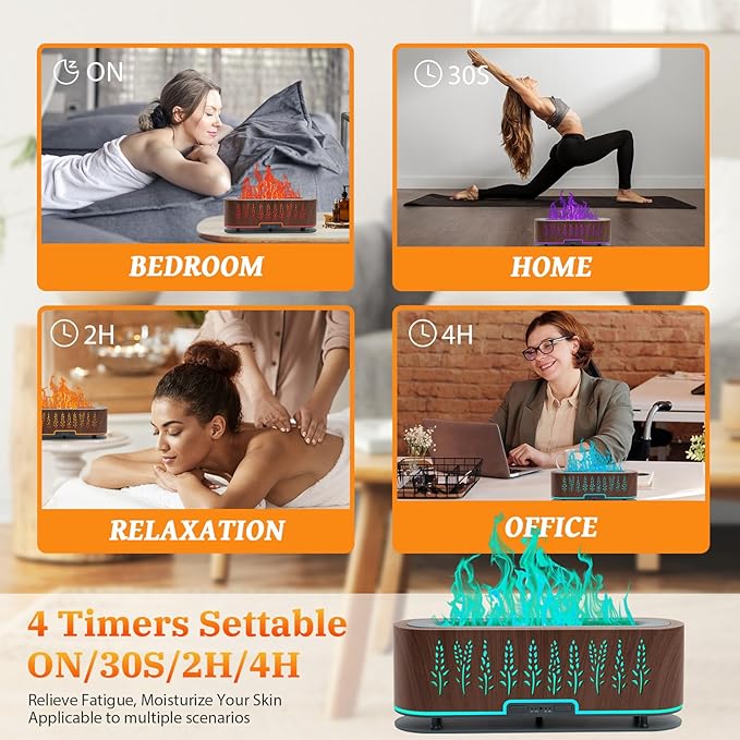 Essential Oil Diffusers, Flame Air Diffuser, 200ml Aromatherapy Diffuser with 2 Mist Mode 4 Timer Up & Waterless Auto-Off Protection for Bedroom Home, Office(Wheat-Dark Brown)