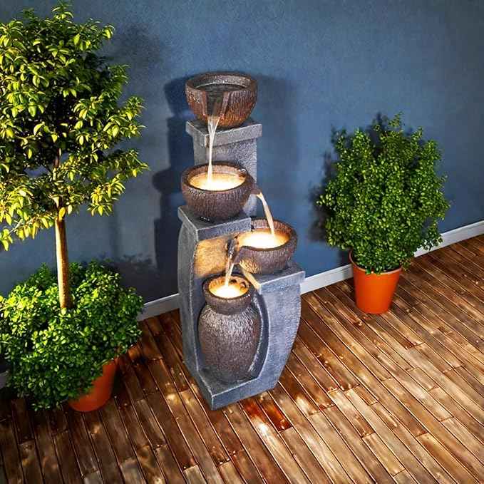 Supmix Outdoor Garden Water Fountain for Garden Patio Backyard Deck Porch and Home Art Decor 4 Tiers Modern Cascading Outdoor Fountains with Lights 37.4”H