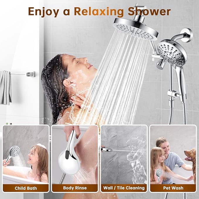 BRIGHT SHOWERS Rain Shower Head with Handheld Spray Built-in Power Wash, High Pressure Dual Shower Head with Height Adjustable Extension Arm, 3-Way Diverter, 9 Settings Handheld, 69” Long Hose, Chrome