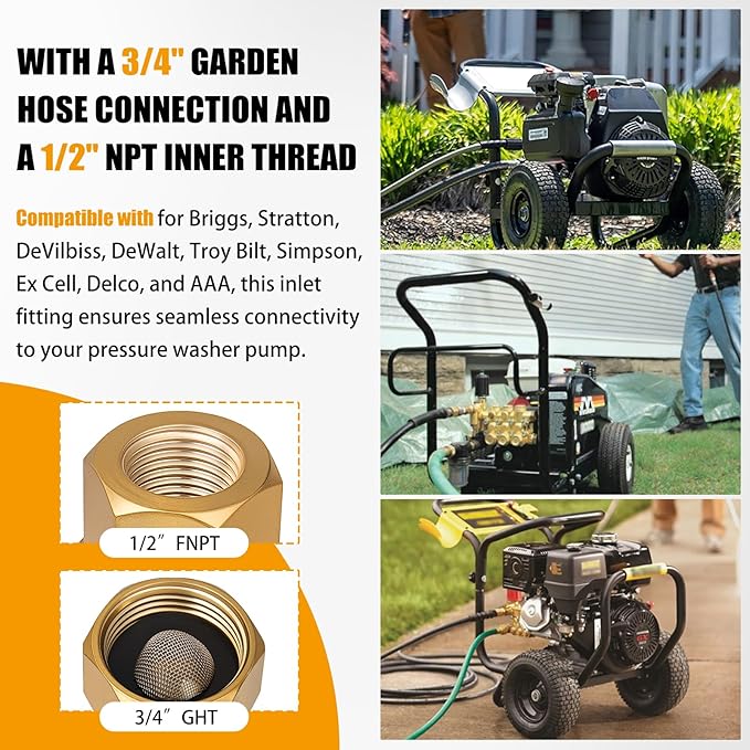 7100495 Pressure Washer Inlet Fitting with Filter, Brass 1/2" Female NPT and 3/4" GHT Garden Hose Inlet, for Simpson Power Washer Pumps - AquaVibe
