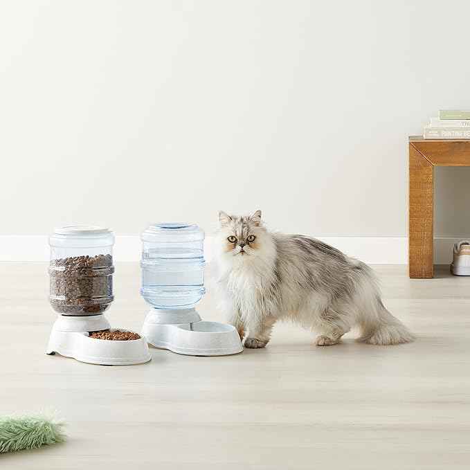 Amazon Basics Automatic Pet Water Dispenser and Gravity Food Feeder Set for Cat and Dog, Easy to Clean, 6-Pound Food Capacity, 1-Gallon, Small, Gray, Pack of 2