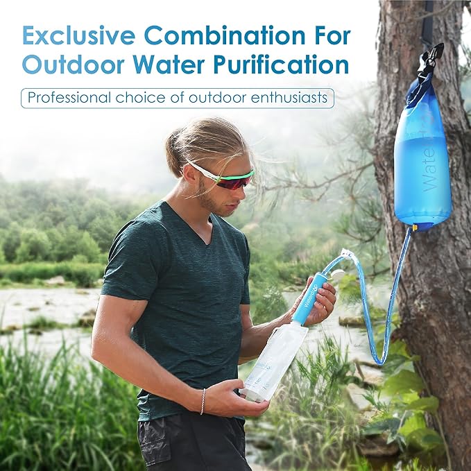 Waterdrop Water Filter Straw 4 Pack with Gravity Water Bag, Gravity Water Filtration System, Water Purifier Survival for Travel, Backpacking, 1.5 gal Bag, 0.1 Micron, 5 Stage Filtration