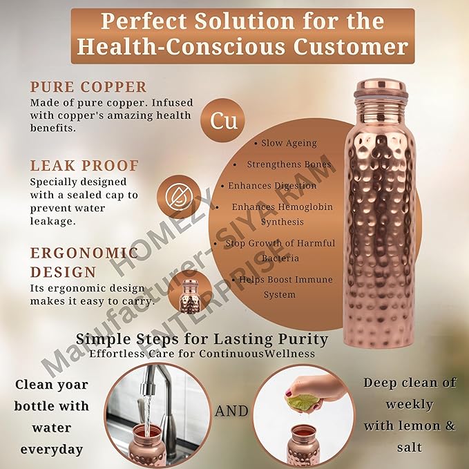 Copper Water Bottle (34oz/1000ml) 100% Pure Handmade Hammered Ayurvedic Pure Copper Vessel for Drinking Heavy Duty & Leak-proof