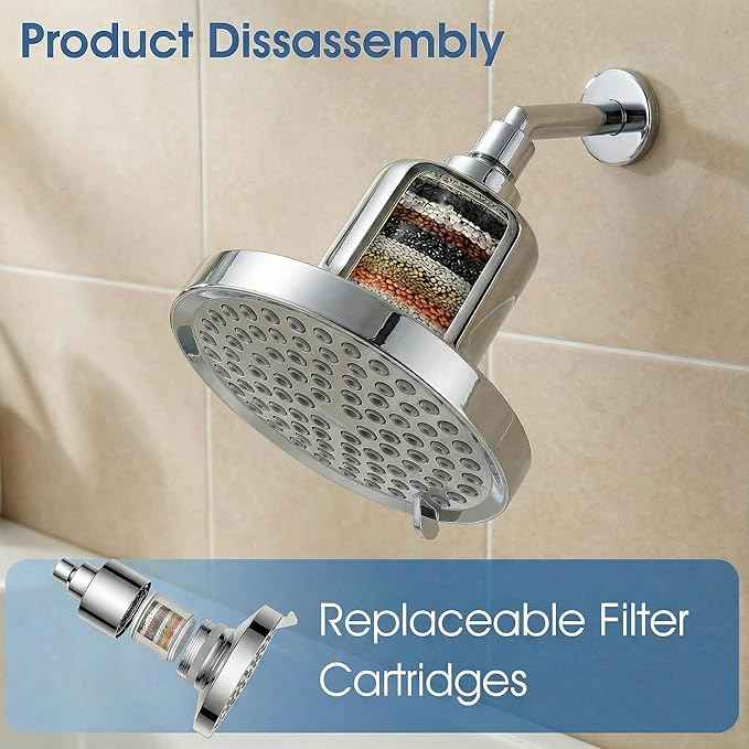 6" Shower Head and 25 Stage Shower Filter Combo, High Pressure 7 Spray Settings Filtered Showerhead with Water Softener Filter Cartridge for Hard Water Remove Chlorine and Harmful Substances(Chrome)