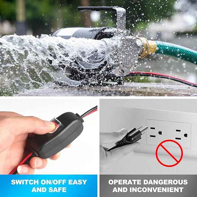 12 Volt Water Pump, Portable Transfer Pump, 330GPH Larger Flow, 1/10HP Electric Utility Pump with On/Off Switch, 2 * 6’ Water Hose Kit for Garden Pools Aquariums Hot Tub