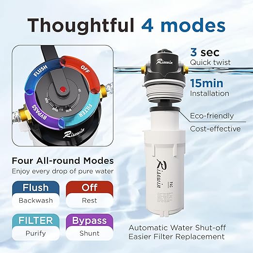 20'' Whole House Water Filter System with 4 Modes and Bypass Design,Removes Iron,Sediment & Rust,Freeze Proof,High Flow Pre-Filtration System for Well Water & Large Houses (Single stage,Black)