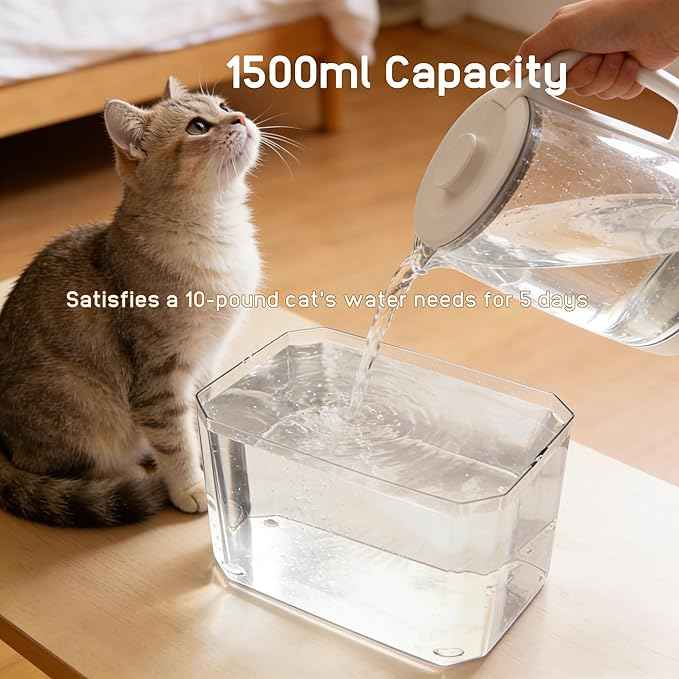 Plastic Cat Water Fountains Transparent and Visible Tank,50.7Oz/1.5L Cat and Dog Drinking Bowl Water Foutain Indoor Easy to Clean Small Pet Water Fountain with Quiet Pump White
