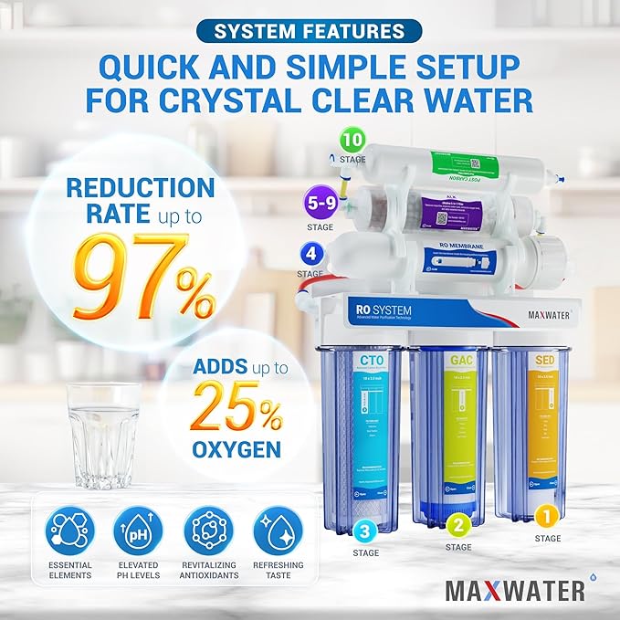 Max Water 10 Stage Under Sink RO (Reverse Osmosis) Water Filtration System + Heavy Duty Tank + Faucet - (5 in 1) PH+ Alkaline System - 50 GPD (Gallons Per Day) - Model: RO-10C1