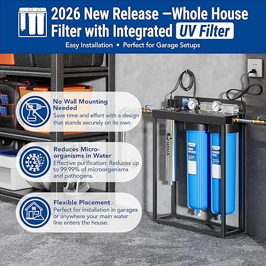 HQUA WF3-03 3-Stage Free-Standing Whole House Water Filtration System, UV Filter Included, Reduces Heavy Metals (Lead, Mercury, Copper, Nickel, Chromium), Chloramine, Sediment, Odor, and VOC’s
