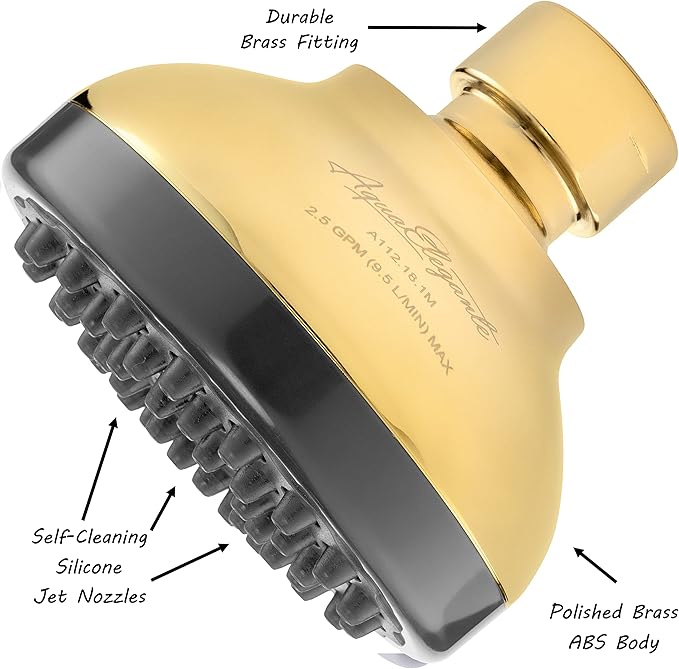 Pressure Boosting Shower Head - High Pressure Water Saver Showerhead Best For Low Flow Showers, 2.5 GPM - Polished Brass - AquaVibe