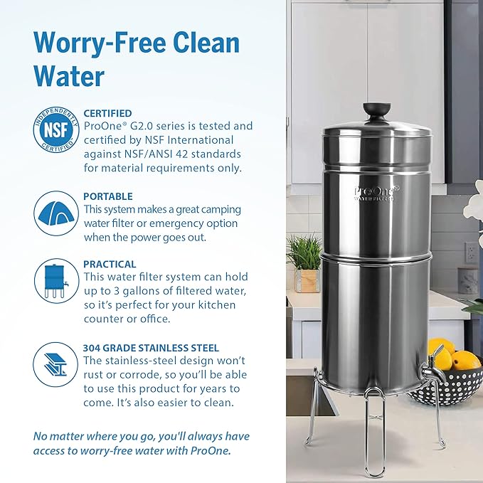 ProOne Big+ Gravity Water Filter System High Capacity Countertop Stainless Steel Water Filter Dispenser IAPMO Certified to Reduce Lead, Total PFAS, Microplastics, Chlorine Taste & Odor, 3 Pack Filter