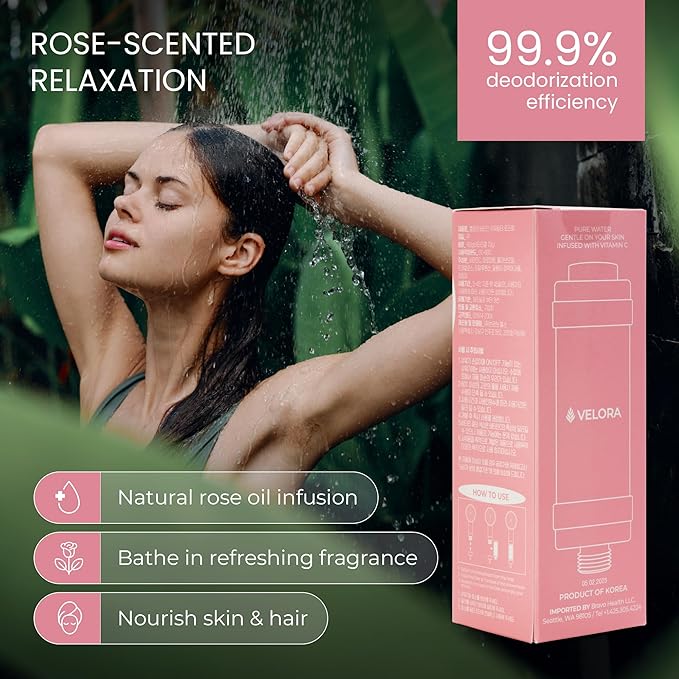 VELORA Vitamin C Shower Filter - Rose-Scented Aromatherapy Shower Water Filter and Softener - Universal Showerhead Bathroom Attachment - Replenish Dry Skin, Soften and Nourish Hair