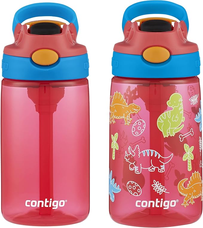 Contigo Aubrey Kids Water Bottle, 2-Pack, 14oz, Watermelon & Dinos, Spill-Proof Lid, Dishwasher Safe, BPA Free, Red and Blue | Kids, Cleanable, with Silicone Straw, Spill-Proof Lid, 2-Pack, Dishwasher-Safe