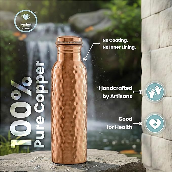Keshavi Hammered Copper Water Bottle (34 Oz /1000ml)| Pure Copper Drinking Water Bottle - Ideal for Home, Office, Gym & School | Heavy‑Duty, Leak‑Proof Material