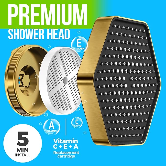 AquaHomeGroup Luxury Filtered Shower Head - High Pressure Rain Showerhead with Filter for Chlorine, Rust, Sediments - Water Filter Shower Head with Vitamin C E A - SPA Effect (Patent Pending) (Golden)