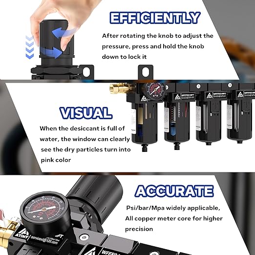 3/8'' NPT 4 Stage Air Drying System,5μ Brass Filter&0.01μ Coalescing Filter,Double Desiccant Dryers & Air Regulator,Metal Bowl,Semi-Auto Drain,for Paint Spray＆ Plasma Cutter(Black) - AquaVibe