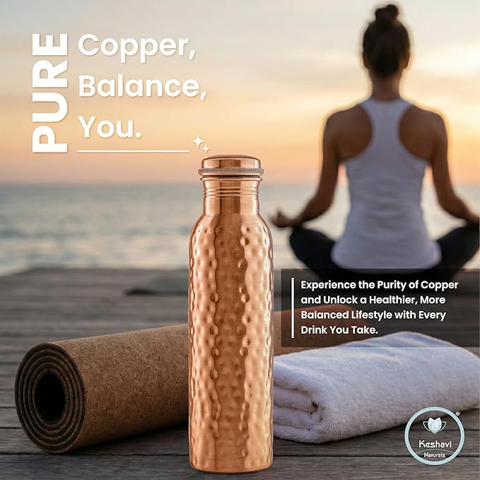 Keshavi Hammered Copper Water Bottle (34 Oz /1000ml)| Pure Copper Drinking Water Bottle - Ideal for Home, Office, Gym & School | Heavy‑Duty, Leak‑Proof Material
