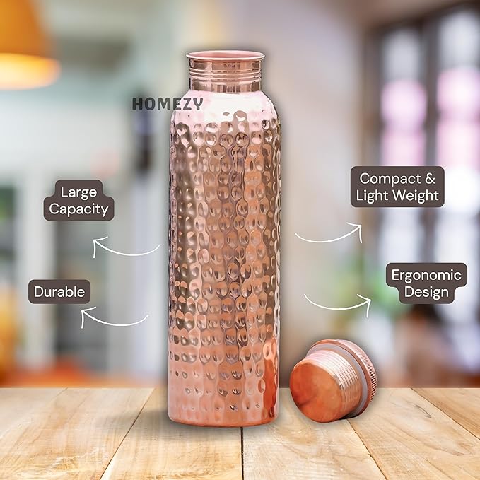 Copper Water Bottle (34oz/1000ml) 100% Pure Handmade Hammered Ayurvedic Pure Copper Vessel for Drinking Heavy Duty & Leak-proof