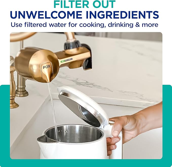 PUR Plus Faucet Mount Water Filtration System with Lead Reducing Mineral Core Filter, Attaches to Kitchen Sink, Horizontal, Brass, PFM410F