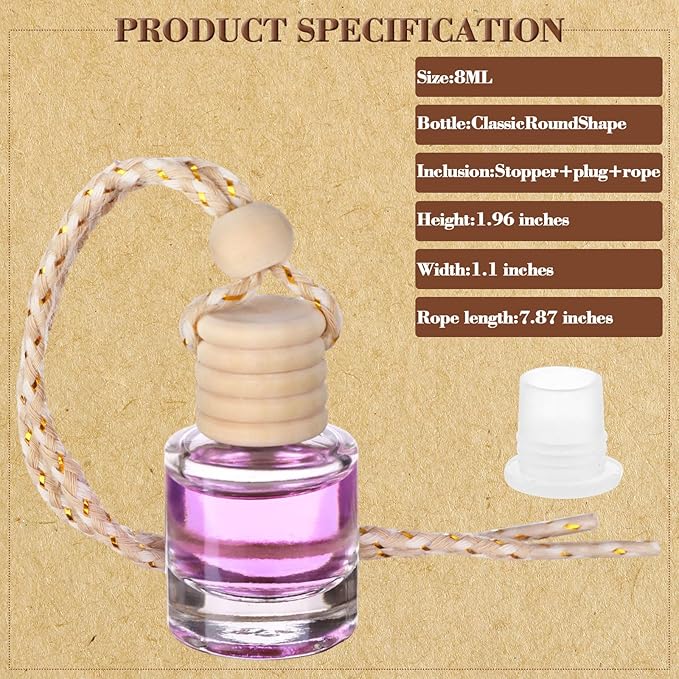 50Pcs Hanging Car Air Freshener Diffuser with Wooden Caps 8ML Empty Clear Car Diffuser Bottles Hanging Glass Essential Diffuser Oil Fragrance Perfume Pendant Glass Vial,Cylindrical