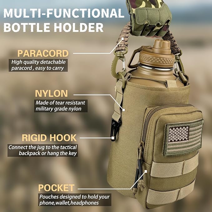 Half Gallon Water Bottle Insulated with Sleeve - Tactical 64 oz Stainless Steel Water Jug with MOLLE Water Bottle Pouch, Gym Water Bottles for Men Hiking Workout (Brown)