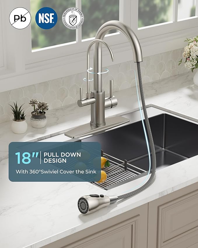 FORIOUS Kitchen Faucets with Water Filter, 2 in 1 Stainless Steel Pull Down Sink Faucet and Purified Water Faucet Rustic High Arc Single Handle with Detachable Deck for 1 or 3 Hole, Brushed Nickel