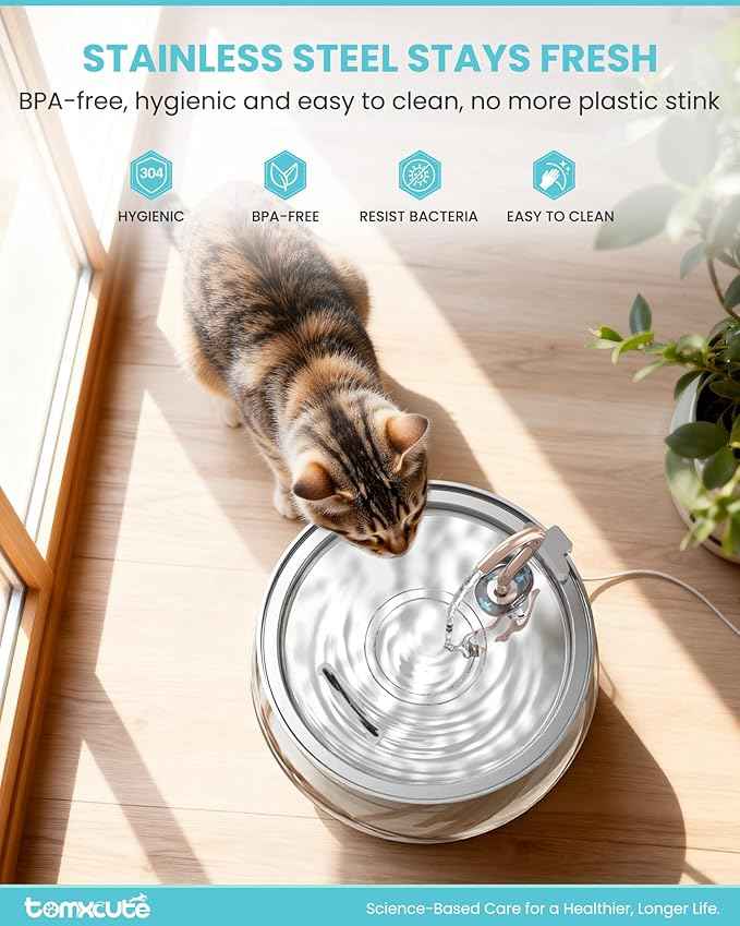 Tomxcute Cat Water Fountain - 4.0L/135oz Gooseneck Copper Faucet Design Cat Fountains for Drinking - Large Capacity Stainless Steel Cats Water Fountain - Comes with 3 Replacement Filters