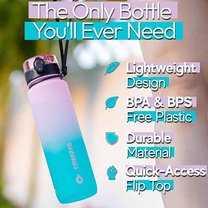 Embrava Sports Water Bottle 32oz - Fast Flow Flip Top Lid - BPA & BPS Free Leakproof Reusable - Lightweight Non-Toxic Tritan Plastic 1 Liter - Gym Hiking Office School Travel