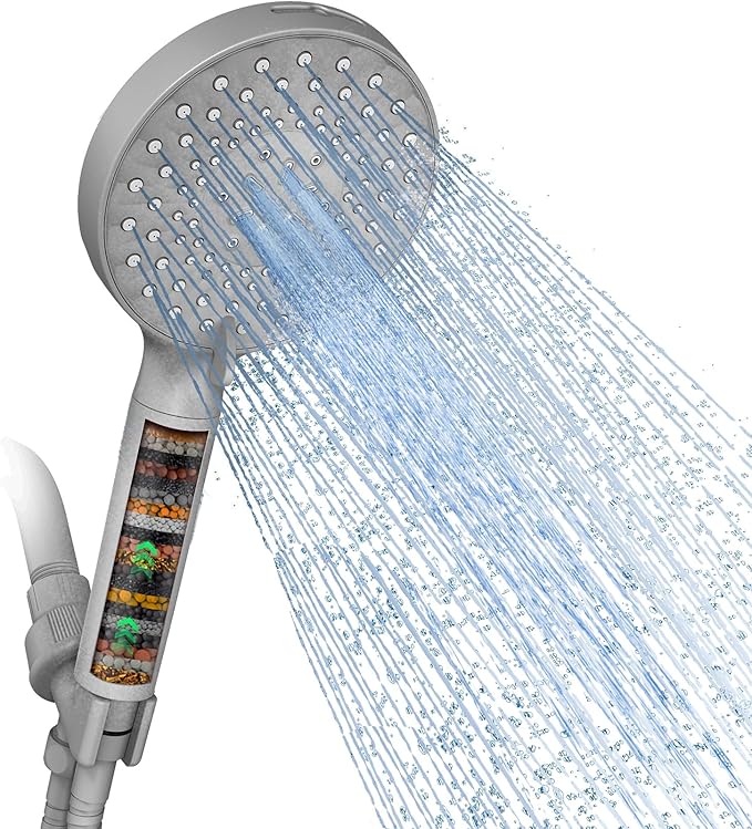 Filtered Shower Head with Handheld, High Pressure 9 Spray Mode Gunmetal Grey Showerhead With Filters,Detachable Shower Head,Water Softener Filters Beads For Hard Water - AquaVibe
